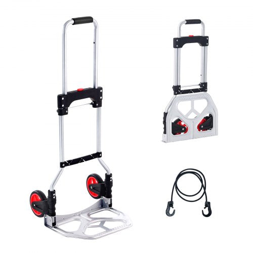 Aluminum folding hand truck with telescoping handle and rubber wheels for easy transport.