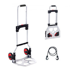 Aluminum folding hand truck with telescoping handle and rubber wheels for easy transport.