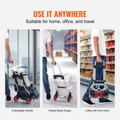 Aluminum folding hand truck with telescoping handle and rubber wheels for easy transport.