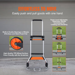 Aluminum folding hand truck with adjustable handle and rubber wheels for easy transport.