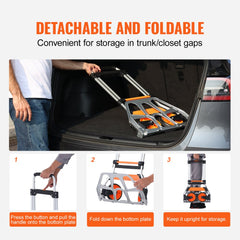 Folding hand truck with aluminum frame, adjustable handle, and rubber wheels for easy transport.