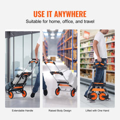 Foldable aluminum hand truck with extendable handle and orange wheels shown in three usage modes.
