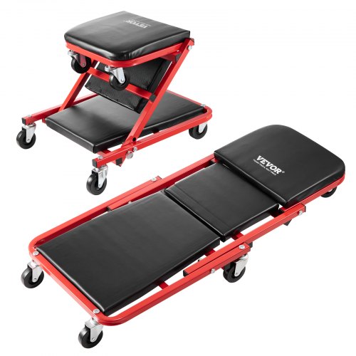Red and black foldable mechanic creeper stool with cushioned pads and six caster wheels.