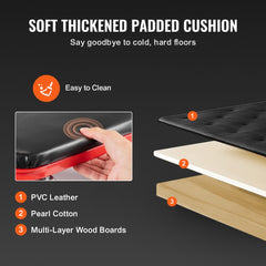 Foldable mechanic creeper stool with 36-inch steel frame, cushioned PVC leather pad, and six casters.