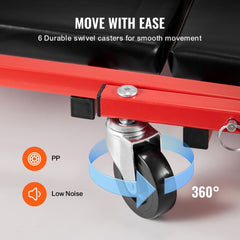 Foldable mechanic creeper stool with cushioned pad and six swivel casters for smooth movement.