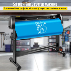 A 53-inch vinyl cutter plotter machine with LCD display, black frame, and steel stand holding a blue vinyl roll with fox design.