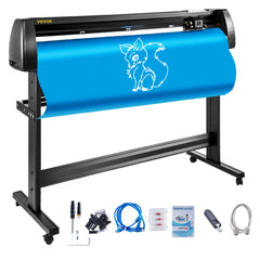 Bostome 53-inch vinyl cutter plotter machine with LCD display, blue vinyl roll featuring fox design, and steel stand with accessories.