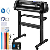 Black 28-inch vinyl cutter plotter machine on stand with Bluetooth, stand, vinyl rolls, blades, and accessories.