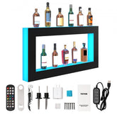 48-inch LED lighted liquor bottle display shelf with RF and app control, holding multiple bottles and including accessories.
