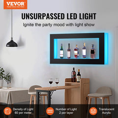 48-inch LED lighted liquor bottle display shelf with app and RF control, mounted on wall with illuminated bottles.