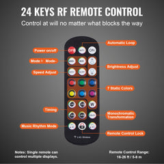 24-key RF remote control for LED display shelf with buttons for power, modes, brightness, speed, timing, music rhythm, and 7 static colors.