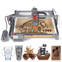 Bostome 10W laser engraver with 15.7x15.7-inch work area engraving parrot design on wood, shown with engraved glass, wood, and pirate ship samples.