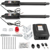 Dual black swing gate openers with mounting brackets, remote controls, and hardware kit laid out.