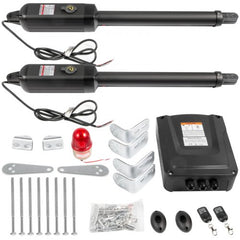 Dual black swing gate openers with mounting brackets, remote controls, and hardware kit laid out.