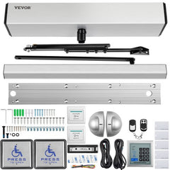 Bostome automatic swing door opener kit with sensors, keypad, handles, and mounting hardware.