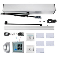 Silver aluminum alloy automatic swing door opener kit with keypad, remotes, and keycards.