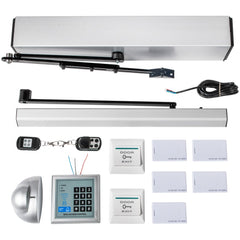 Bostome automatic swing door opener kit with aluminum alloy frame, remote, keypad, and RFID cards.