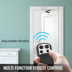 Aluminum alloy automatic swing door opener mounted on a white door with multi-function remote control.