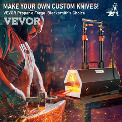 A blacksmith using a portable double-burner propane forge to hammer hot metal on an anvil for knife making.