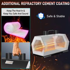 Portable propane forge with double burners, hexagonal chamber, insulation, and carry handles.