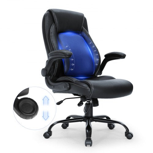 Black executive high-back PU leather office chair with adjustable blue lumbar support and wheeled base.