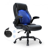 Black executive high-back PU leather office chair with adjustable blue lumbar support and wheeled base.