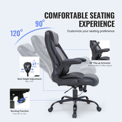 Black executive high-back PU leather office chair with adjustable lumbar support, flip-up arms, 90-120 degree recline, and 3.9-inch seat height adjustment.