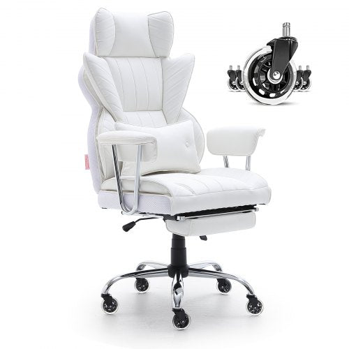 White PU leather reclining office chair with a footrest and replacement wheels.
