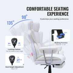 White PU leather reclining office chair with adjustable height, 90-135 degree recline lock, and footrest.