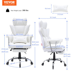 White PU leather reclining office chair with footrest, lumbar support, and dimensions shown.