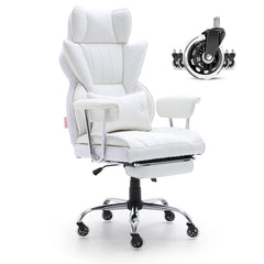 White PU leather reclining office chair with headrest, armrests, footrest, and casters.