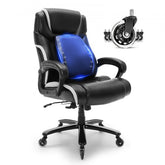 Black executive office chair with adjustable blue lumbar support and wheels.