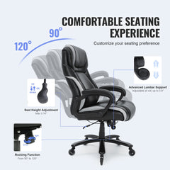 Heavy-duty executive office chair with adjustable lumbar support, 90-120 degree recline, and 400lbs capacity.