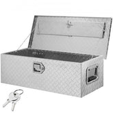 Silver heavy-duty aluminum diamond plate truck bed tool box, 30x13x9.6 inches, open with key lock.