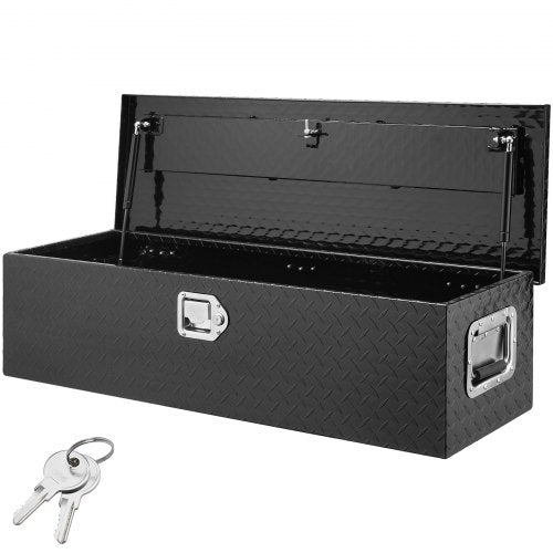 Black aluminum truck bed tool box, 39x13x10 inches, open with lock and keys.