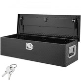Black aluminum truck bed tool box, 39x13x10 inches, open with lock and keys.