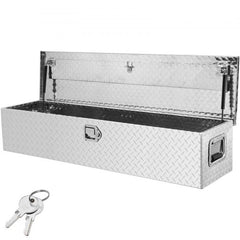 Silver 48" aluminum diamond plate truck bed tool box with secure lock and spacious interior.