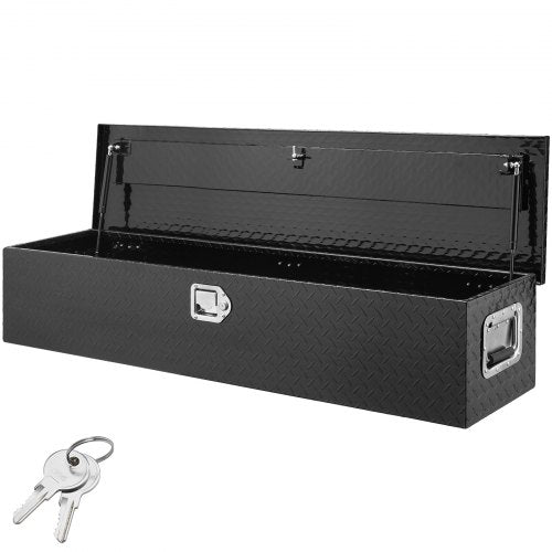 Black 48x15x15 aluminum truck bed tool box with open lid and keys.