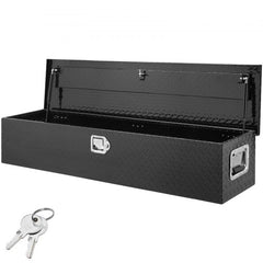Black 48x15x15 aluminum truck bed tool box with open lid and keys.