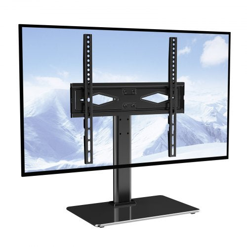 Height-adjustable swivel TV stand mount for 32-55 inch TVs with black tempered glass base.