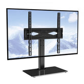 Height-adjustable swivel TV stand mount for 32-55 inch TVs with black tempered glass base.