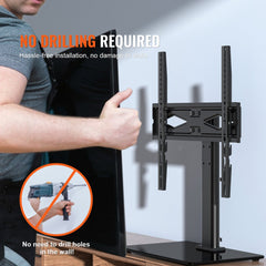 Man giving thumbs up to height-adjustable swivel TV stand mount for 32-55 inch TVs with no-drill installation.
