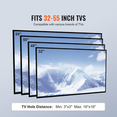 Diagram showing compatibility of swivel TV stand mount for 32-55 inch TVs with VESA hole distances from 3x3 to 16x16 inches.