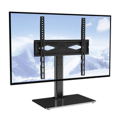 Black swivel TV stand mount with height adjustment for 32-55 inch TVs on tempered glass base.