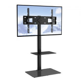 Black swivel TV stand mount with height-adjustable tempered glass base for 32-65 inch TVs.