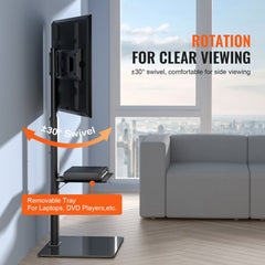Height-adjustable swivel TV stand mount for 32-65 inch TVs with tempered glass base and media shelf.