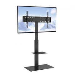 Height adjustable Bostome swivel TV stand with tempered glass base for 32-85 inch TVs.