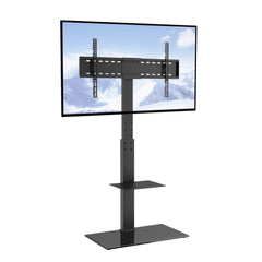 Height adjustable Bostome swivel TV stand with a tempered glass base for 32-85 inch TVs.