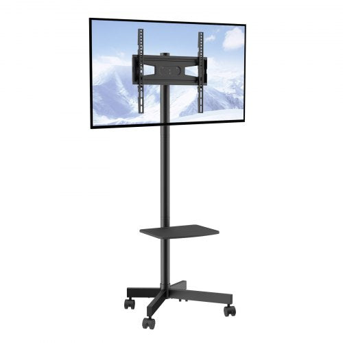 Height adjustable mobile TV stand for 23-60 inch screens with wheels and wire management.