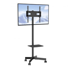 Height adjustable mobile TV stand for 23-60 inch screens with wheels and wire management.